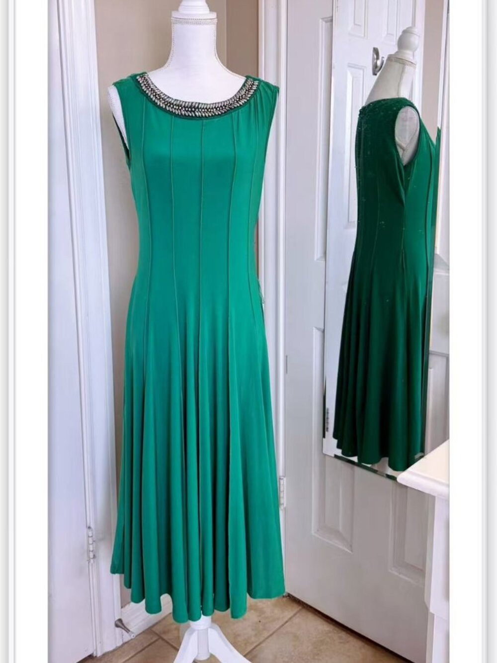 Emerald green sleeveless beaded neckline midi dress size XL